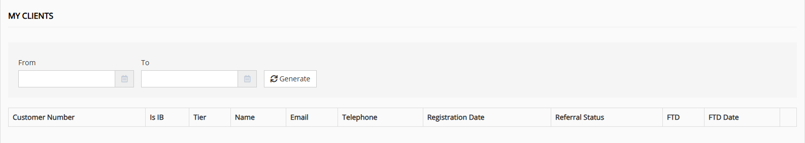 MY CLIENTS table with From/To date filter, Generate button, and column headers